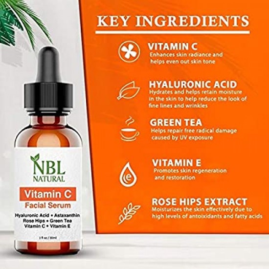 NBL الطبيعية فيتامين C مصل الوجه مع حمض الهيالورونيكس والشاي الأخضر استخراج 30 مل